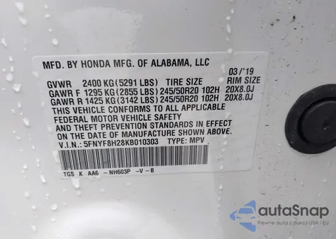 2019 Honda Passport Sport из США, поврежденный, VIN 5FNYF8H28KB010303
